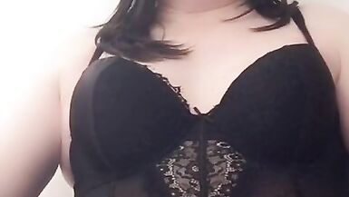 Nicki-Crossdress in sexy black Lingerie & Stockings CloseUp stroking big Cock - 4 image