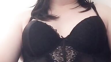 Nicki-Crossdress in sexy black Lingerie & Stockings CloseUp stroking big Cock - 5 image