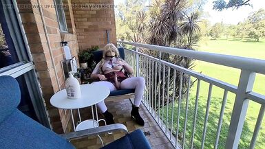 Sissy schoolgirl gagged playing on the balcony and pissing teaser - 10 image
