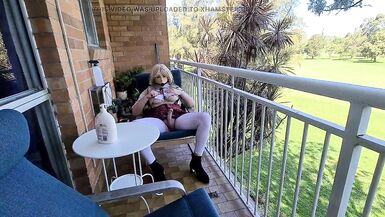 Sissy schoolgirl gagged playing on the balcony and pissing teaser - 9 image