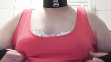 Fat Sissy playing with her tits and dildo titfuck - 2 image