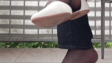 Dangling and Shoeplay with Black Nylon Tights and White Ballerina Shoes. - 10 image