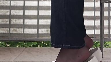 Dangling and Shoeplay with Black Nylon Tights and White Ballerina Shoes.