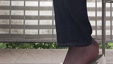 Dangling and Shoeplay with Black Nylon Tights and White Ballerina Shoes. - 15 image