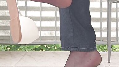 Dangling and Shoeplay with Black Nylon Tights and White Ballerina Shoes. - 6 image