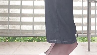 Dangling and Shoeplay with Black Nylon Tights and White Ballerina Shoes. - 7 image