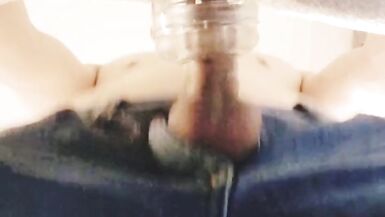 Femboy in jeans shorts and dirty feet fucks transparent fleshlight - 15 image