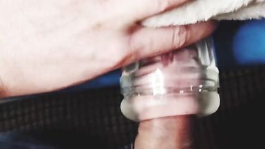 Femboy in jeans shorts and dirty feet fucks transparent fleshlight - 4 image