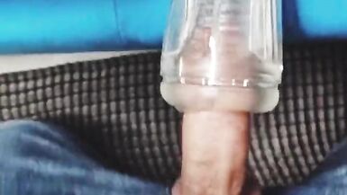 Femboy in jeans shorts and dirty feet fucks transparent fleshlight - 6 image