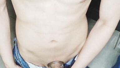 Femboy in jeans shorts and dirty feet fucks transparent fleshlight - 7 image