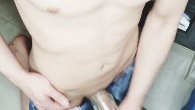 Femboy in jeans shorts and dirty feet fucks transparent fleshlight - 8 image