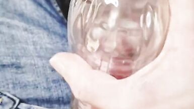 Femboy in jeans shorts and dirty feet fucks transparent fleshlight - 9 image