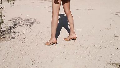 beautiful Trans in a skirt strips naked in public with very hot heels and beautiful legs delicious erect penis - 2 image