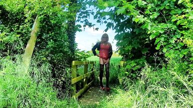 Tranny Slut with cock Pump on Footpath - 4 image