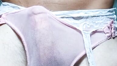 Crossdressing guy Masturbating with white smoking and transparent pink pantie - 4 image