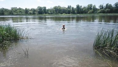 Alexa Cosmic transgirl swimming in clothes in river in jeans shirts and white t-shirt. Alexa Cosmic Wetlook Lover. - 14 image