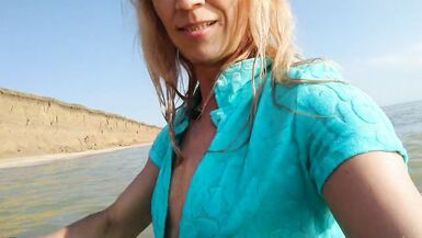 Alexa Cosmic transgirl swimming in the sea first time in teal combi dress - 12 image