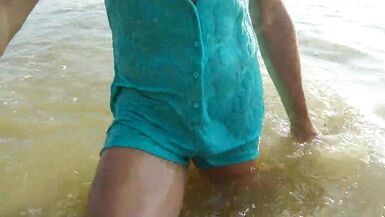 Alexa Cosmic transgirl swimming in the sea first time in teal combi dress - 13 image