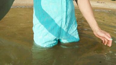 Alexa Cosmic transgirl swimming in the sea first time in teal combi dress - 2 image