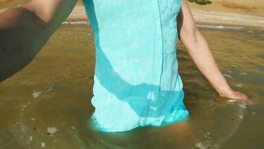 Alexa Cosmic transgirl swimming in the sea first time in teal combi dress - 3 image