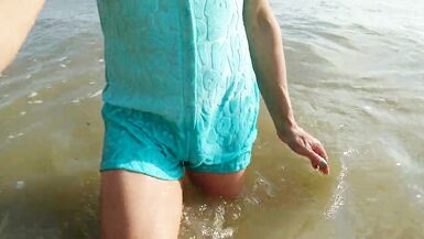 Alexa Cosmic transgirl swimming in the sea first time in teal combi dress - 4 image