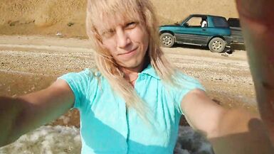 Alexa Cosmic transgirl swimming in the sea first time in teal combi dress - 5 image