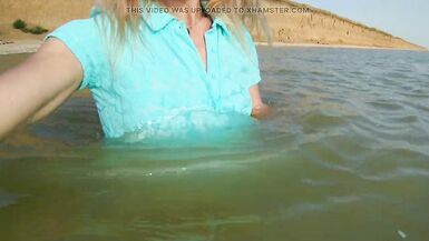 Alexa Cosmic transgirl swimming in the sea first time in teal combi dress - 9 image