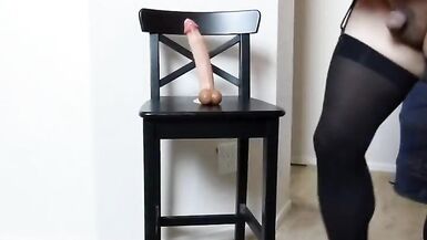 Sissy Maid Candy in pink PVC dress rides two dildos - 6 image