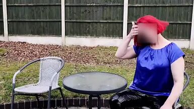 TV cumslut Nottstvslut in the garden satin blouse and tight pvc leggings - 1 image