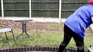 TV cumslut Nottstvslut in the garden satin blouse and tight pvc leggings - 10 image