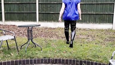 TV cumslut Nottstvslut in the garden satin blouse and tight pvc leggings - 11 image