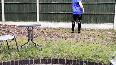 TV cumslut Nottstvslut in the garden satin blouse and tight pvc leggings - 12 image