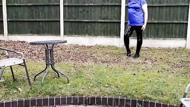 TV cumslut Nottstvslut in the garden satin blouse and tight pvc leggings