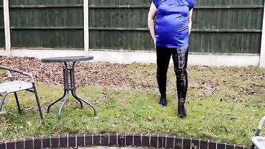 TV cumslut Nottstvslut in the garden satin blouse and tight pvc leggings - 14 image