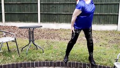 TV cumslut Nottstvslut in the garden satin blouse and tight pvc leggings - 15 image