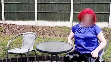 TV cumslut Nottstvslut in the garden satin blouse and tight pvc leggings - 2 image