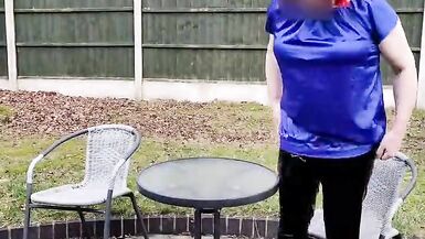 TV cumslut Nottstvslut in the garden satin blouse and tight pvc leggings - 3 image