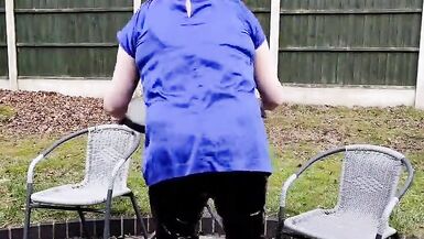 TV cumslut Nottstvslut in the garden satin blouse and tight pvc leggings - 4 image