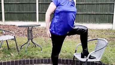 TV cumslut Nottstvslut in the garden satin blouse and tight pvc leggings - 8 image