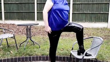 TV cumslut Nottstvslut in the garden satin blouse and tight pvc leggings - 9 image