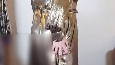 UK slut Nottstvslut in gold metallic dress - 5 image