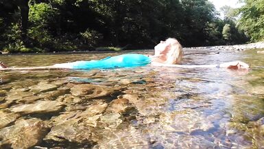 Sexy t-girl swimming in mountain river and wetting teal summer dress ... - 11 image