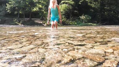 Sexy t-girl swimming in mountain river and wetting teal summer dress ... - 5 image