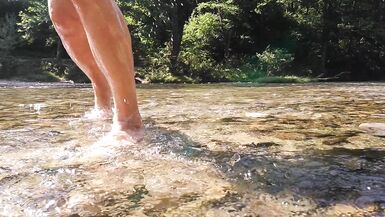 Sexy t-girl swimming in mountain river and wetting teal summer dress ... - 6 image
