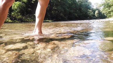 Sexy t-girl swimming in mountain river and wetting teal summer dress ... - 7 image