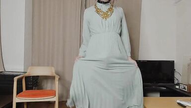 Japanese crossdresser cumshots when excited by genitals touched by long dress. - 10 image