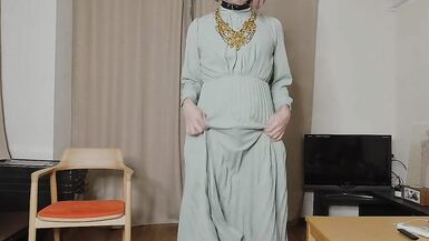 Japanese crossdresser cumshots when excited by genitals touched by long dress. - 11 image