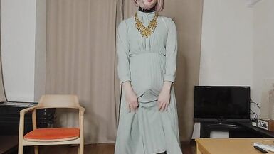 Japanese crossdresser cumshots when excited by genitals touched by long dress. - 12 image