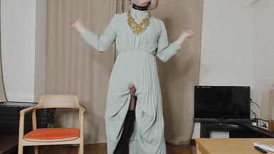Japanese crossdresser cumshots when excited by genitals touched by long dress. - 13 image