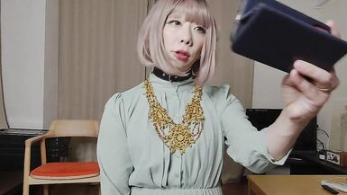 Japanese crossdresser cumshots when excited by genitals touched by long dress. - 14 image